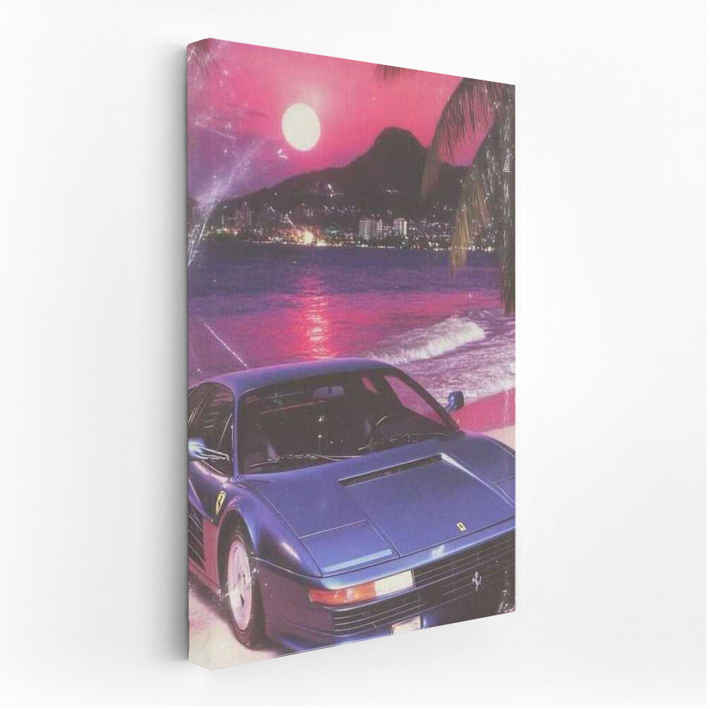 Retro Sunrise: Ferrari and Palms on a Pink Sunset