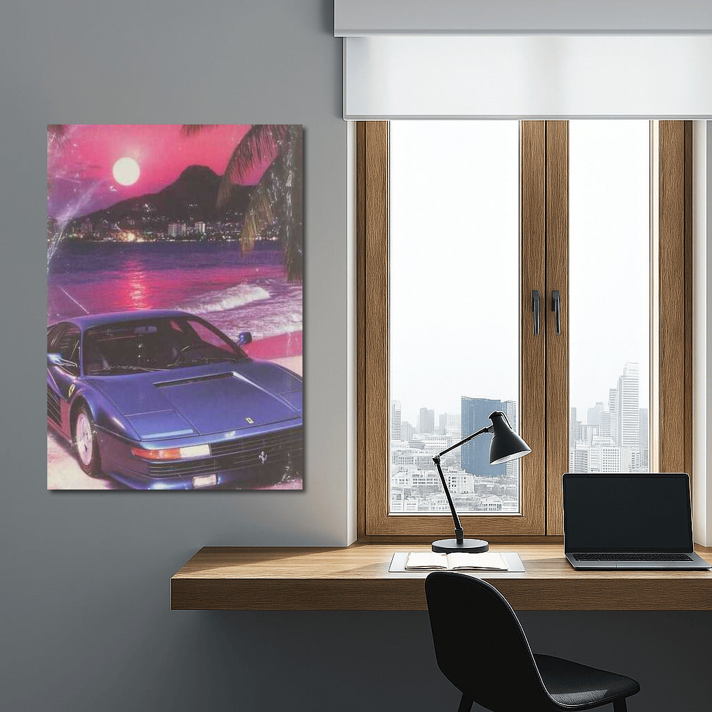 Retro Sunrise: Ferrari and Palms on a Pink Sunset