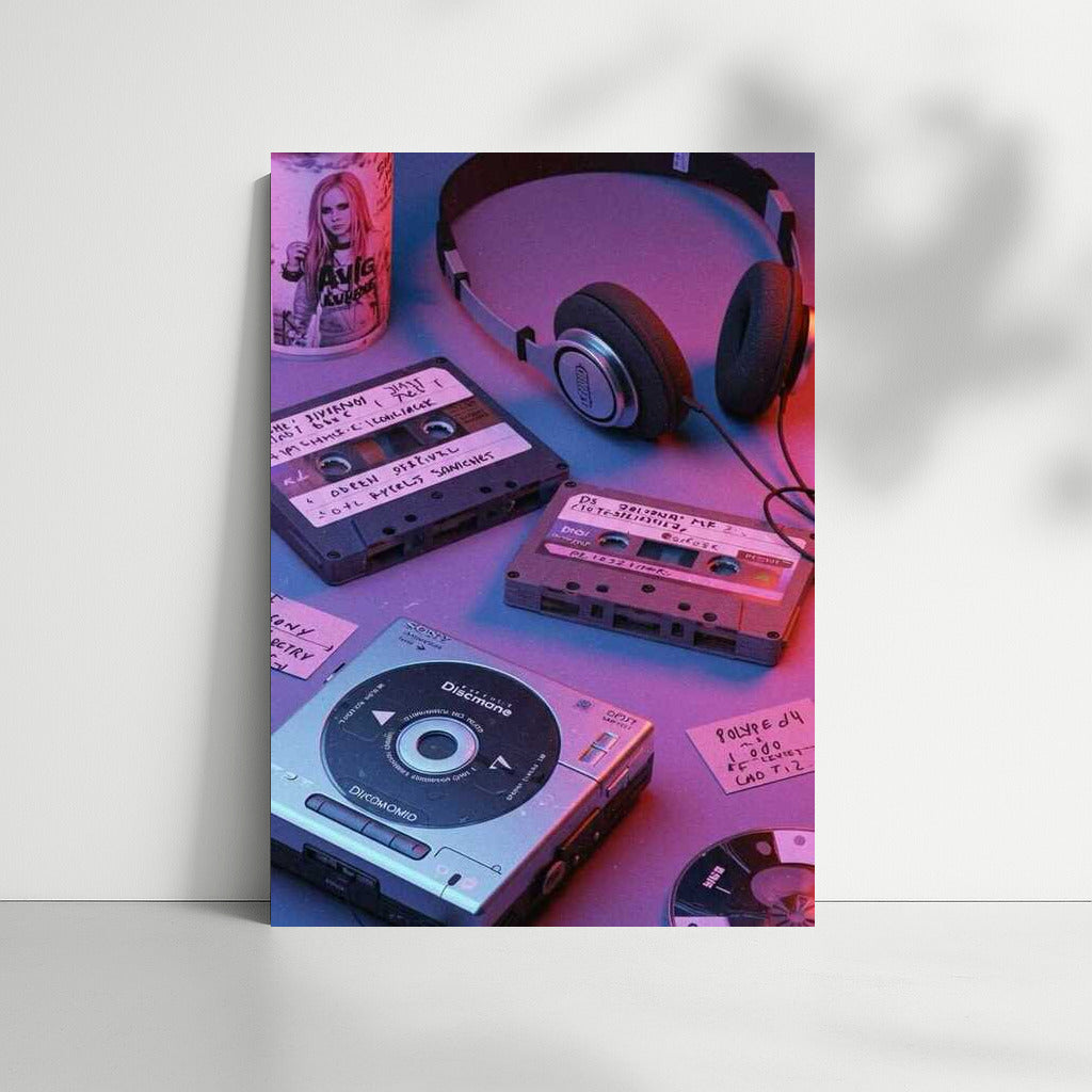 Neon Symphony: Cassettes and Discman in Retro 80s Style