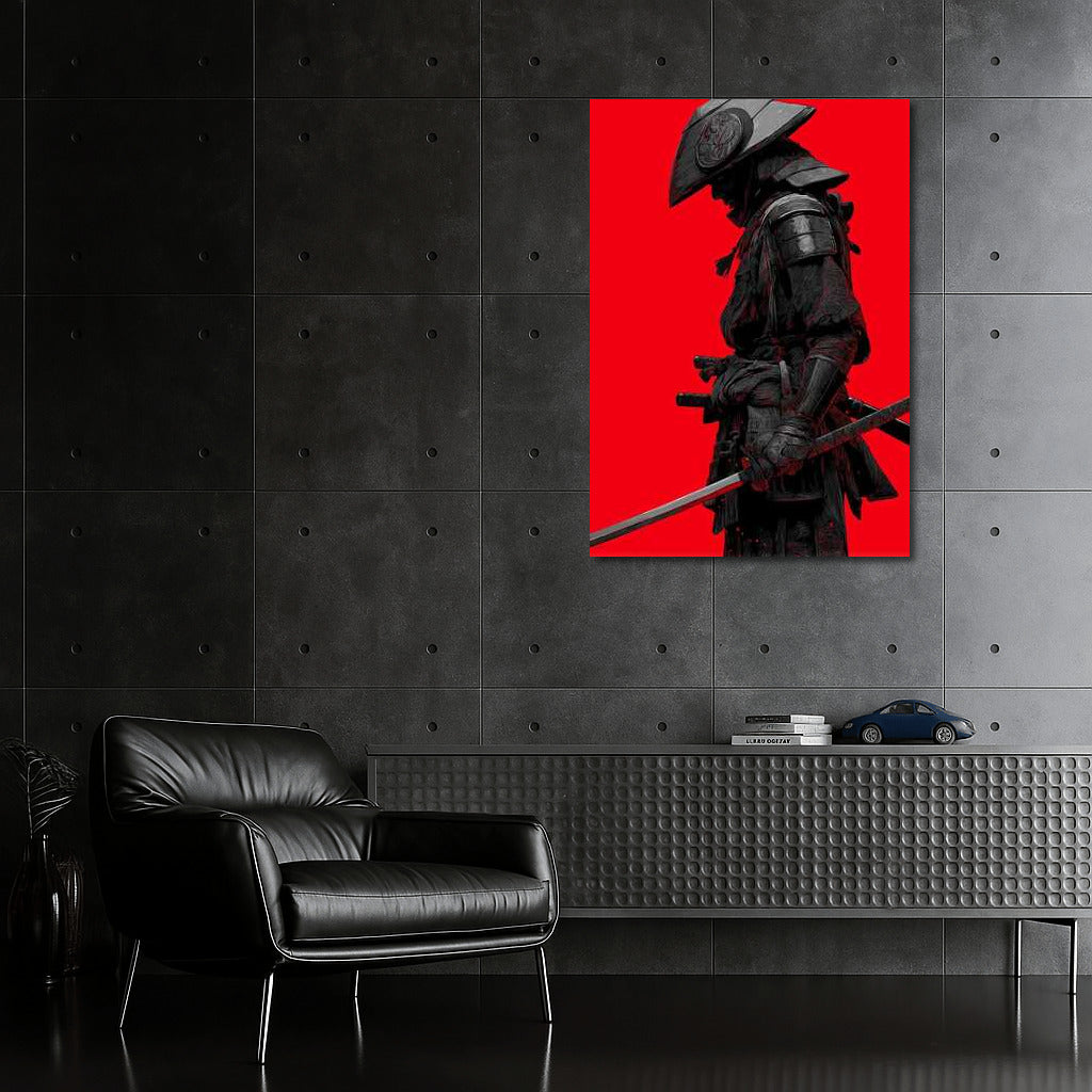 Mysterious Samurai on Red Background: Spirit of Ancient Japan