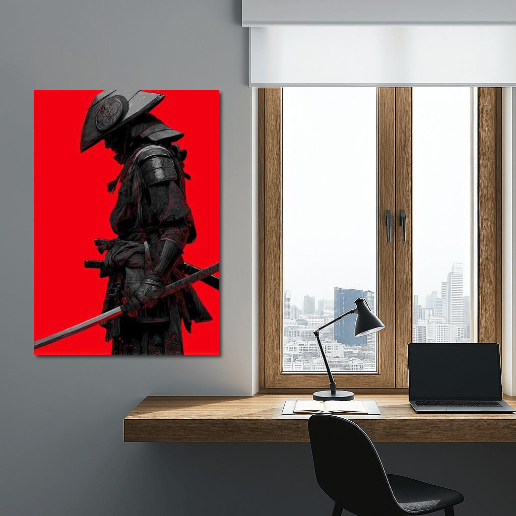 Mysterious Samurai on Red Background: Spirit of Ancient Japan