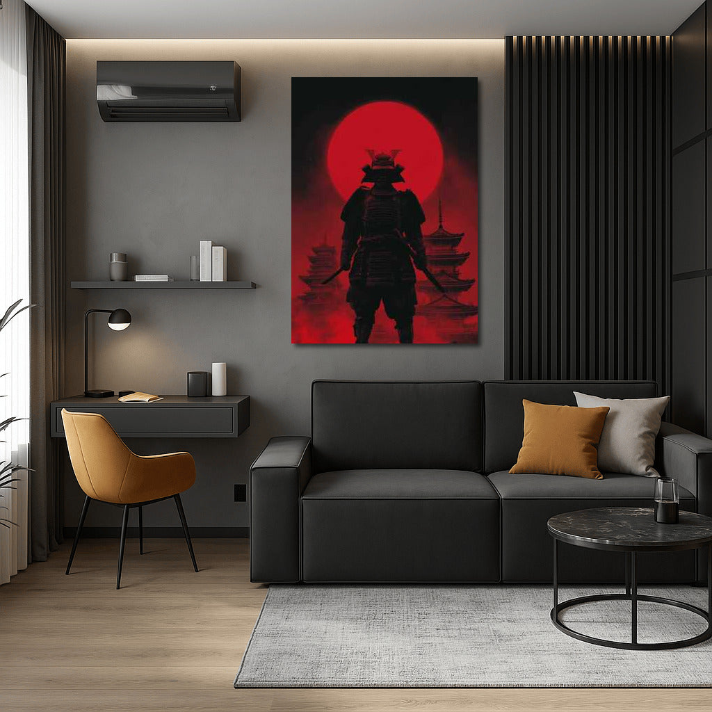 Samurai Silhouette on Red Moon and Pagodas Background