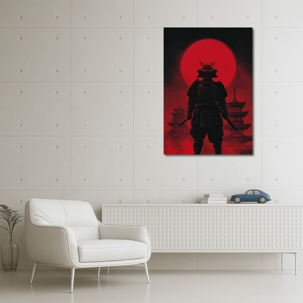 Samurai Silhouette on Red Moon and Pagodas Background