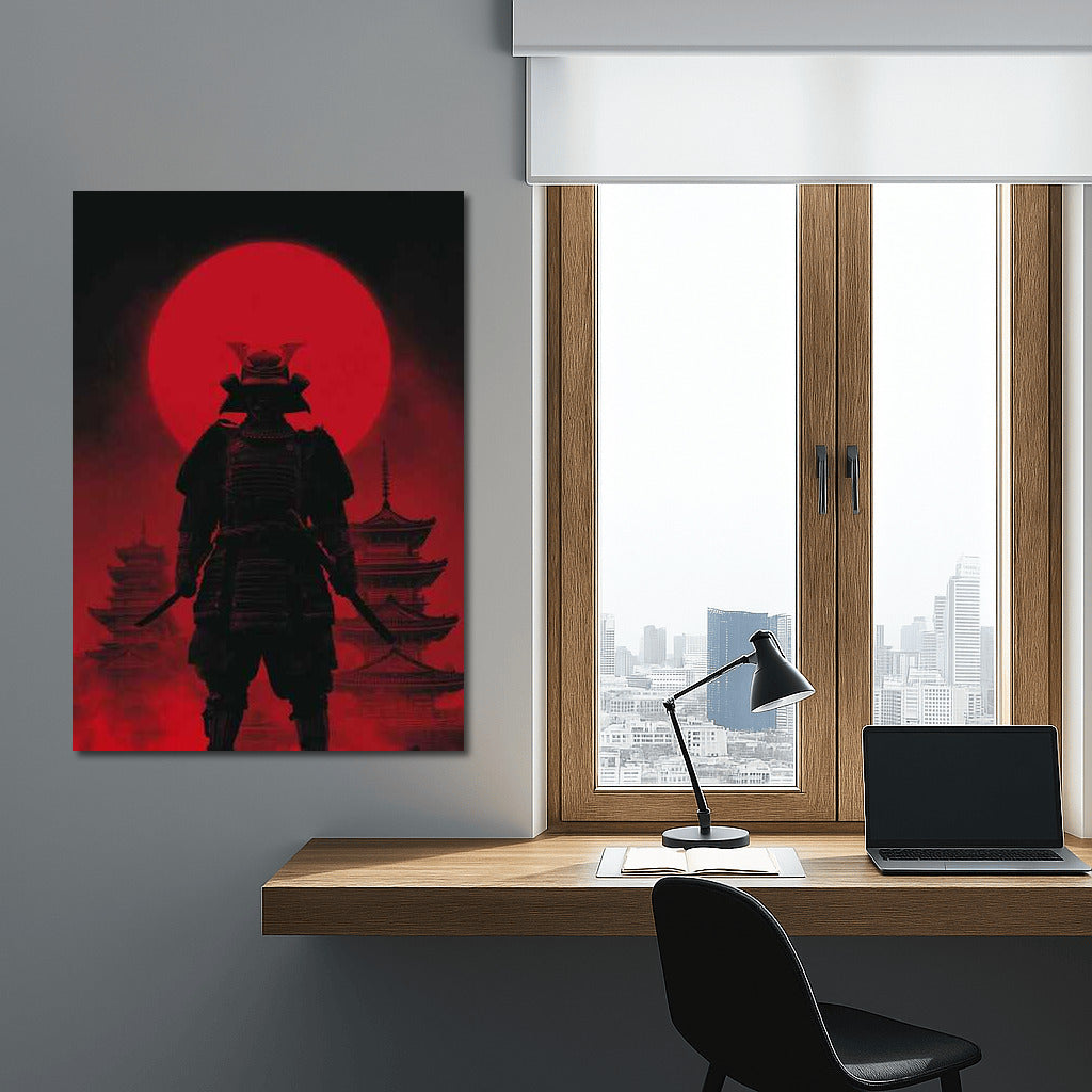 Samurai Silhouette on Red Moon and Pagodas Background