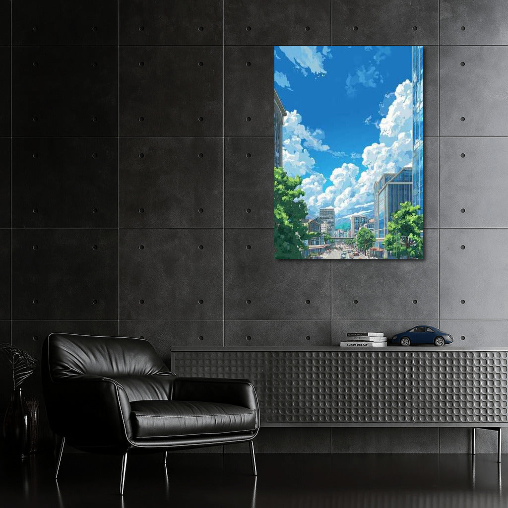 Harmony of Architecture: Busy Street and Flowing Clouds