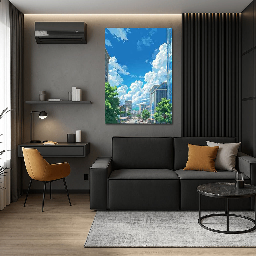 Harmony of Architecture: Busy Street and Flowing Clouds