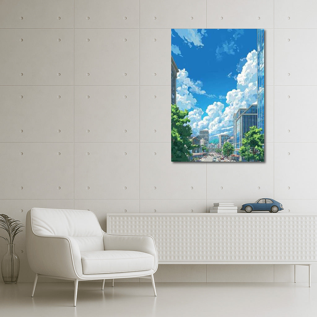 Harmony of Architecture: Busy Street and Flowing Clouds