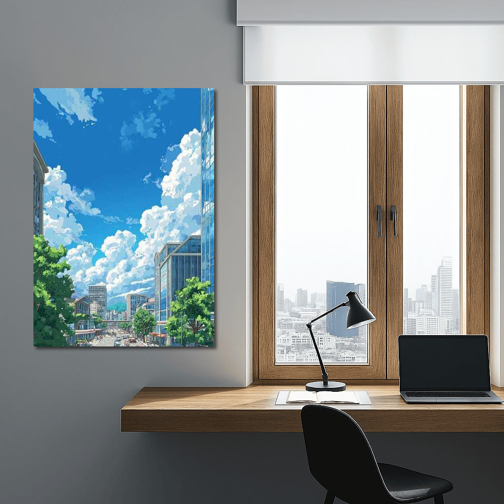 Harmony of Architecture: Busy Street and Flowing Clouds