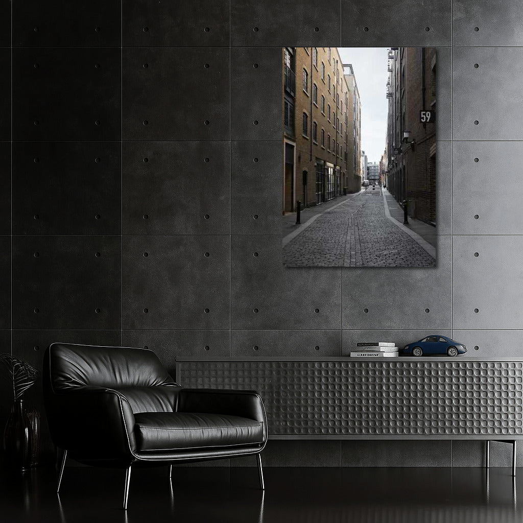 Urban Symphony: Narrow Street Between Brick Buildings