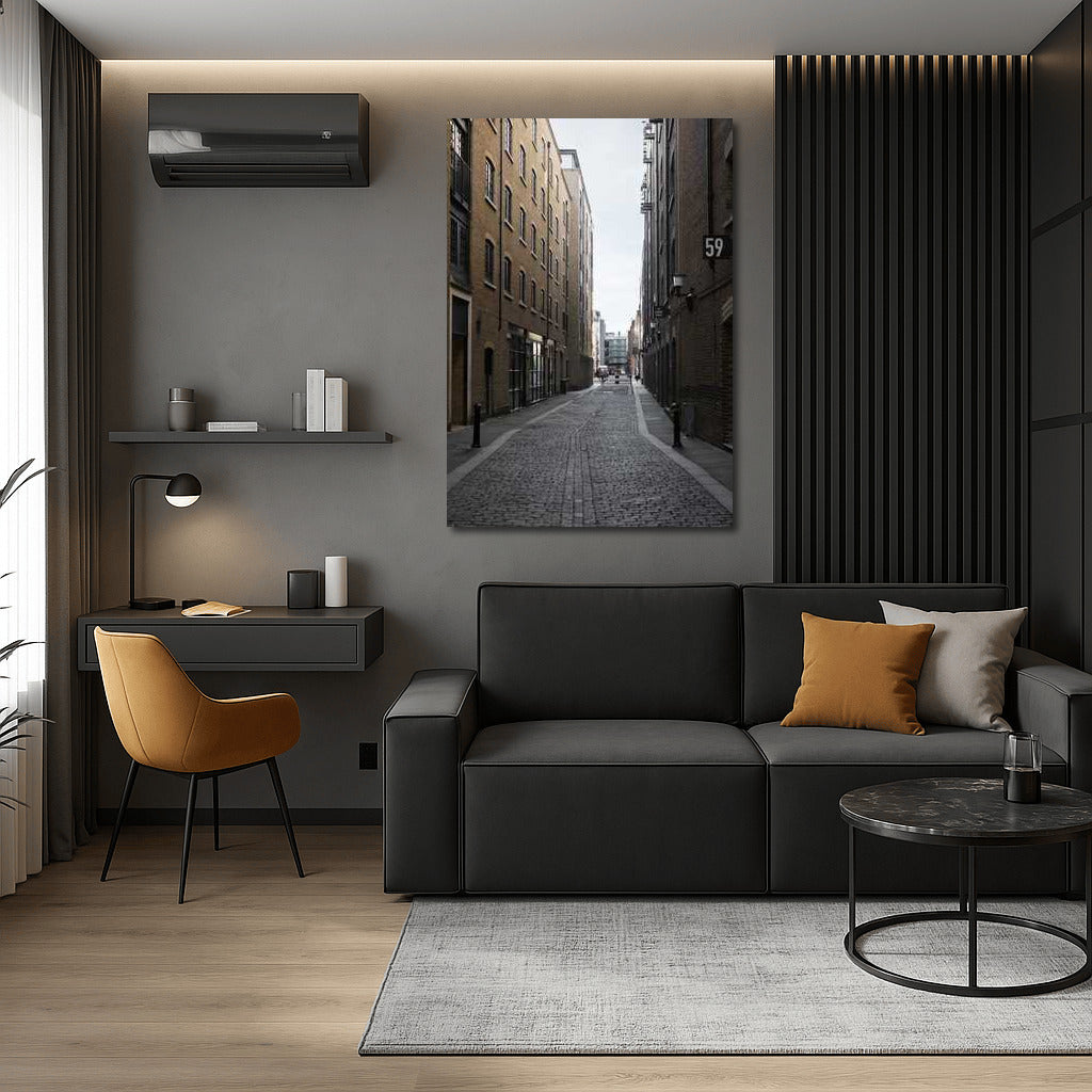 Urban Symphony: Narrow Street Between Brick Buildings