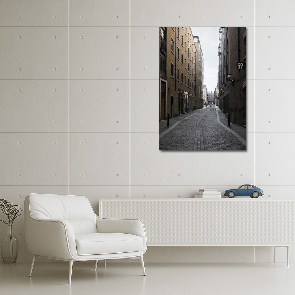 Urban Symphony: Narrow Street Between Brick Buildings