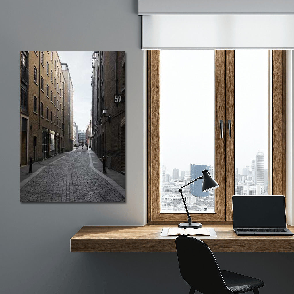 Urban Symphony: Narrow Street Between Brick Buildings