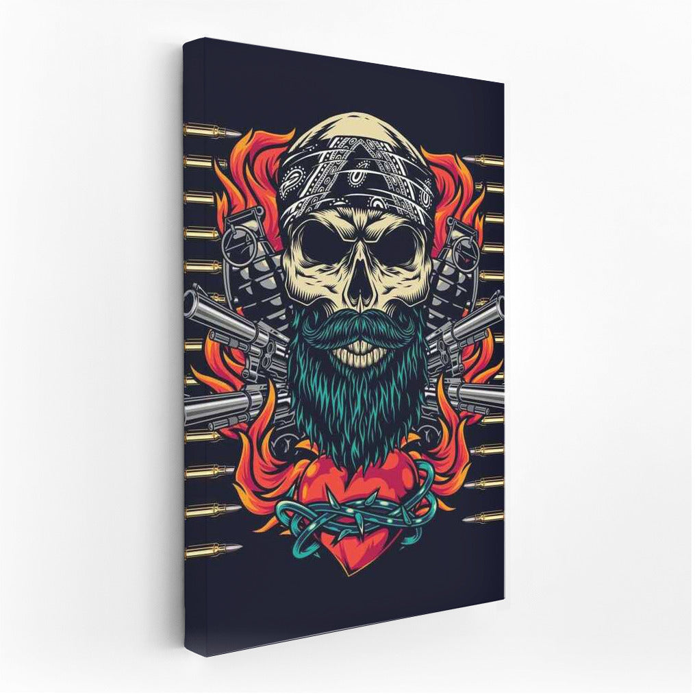 Rebel Skull: Tattoo Style with Pistols and Flaming Heart