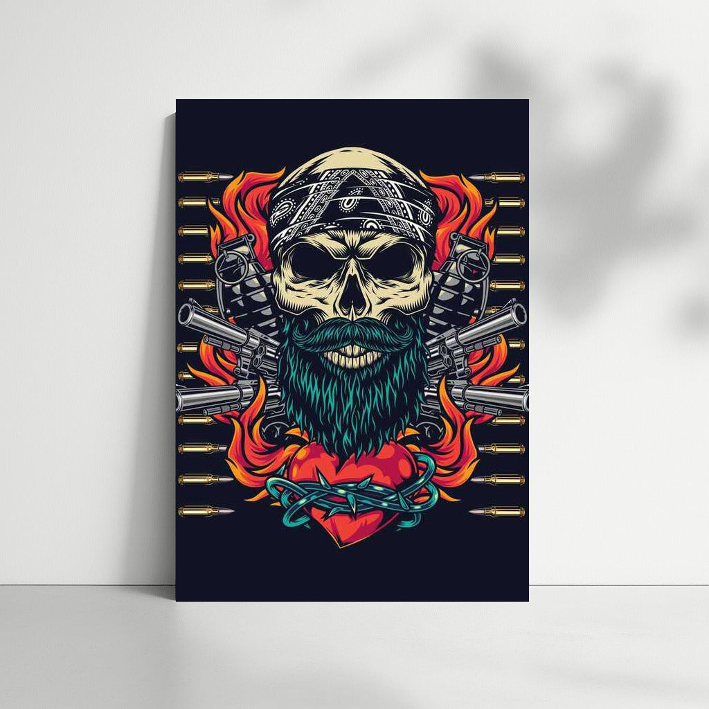 Rebel Skull: Tattoo Style with Pistols and Flaming Heart