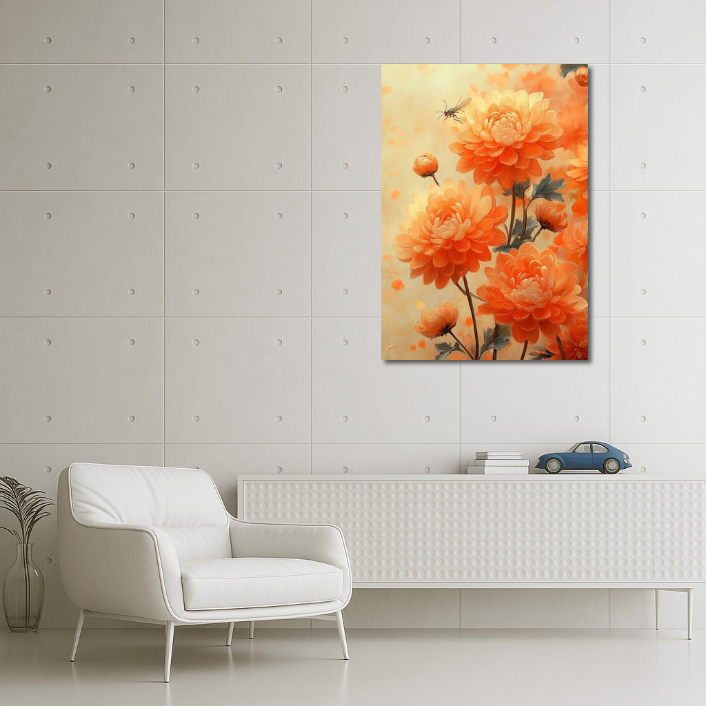 Dance of a dragonfly among orange petals