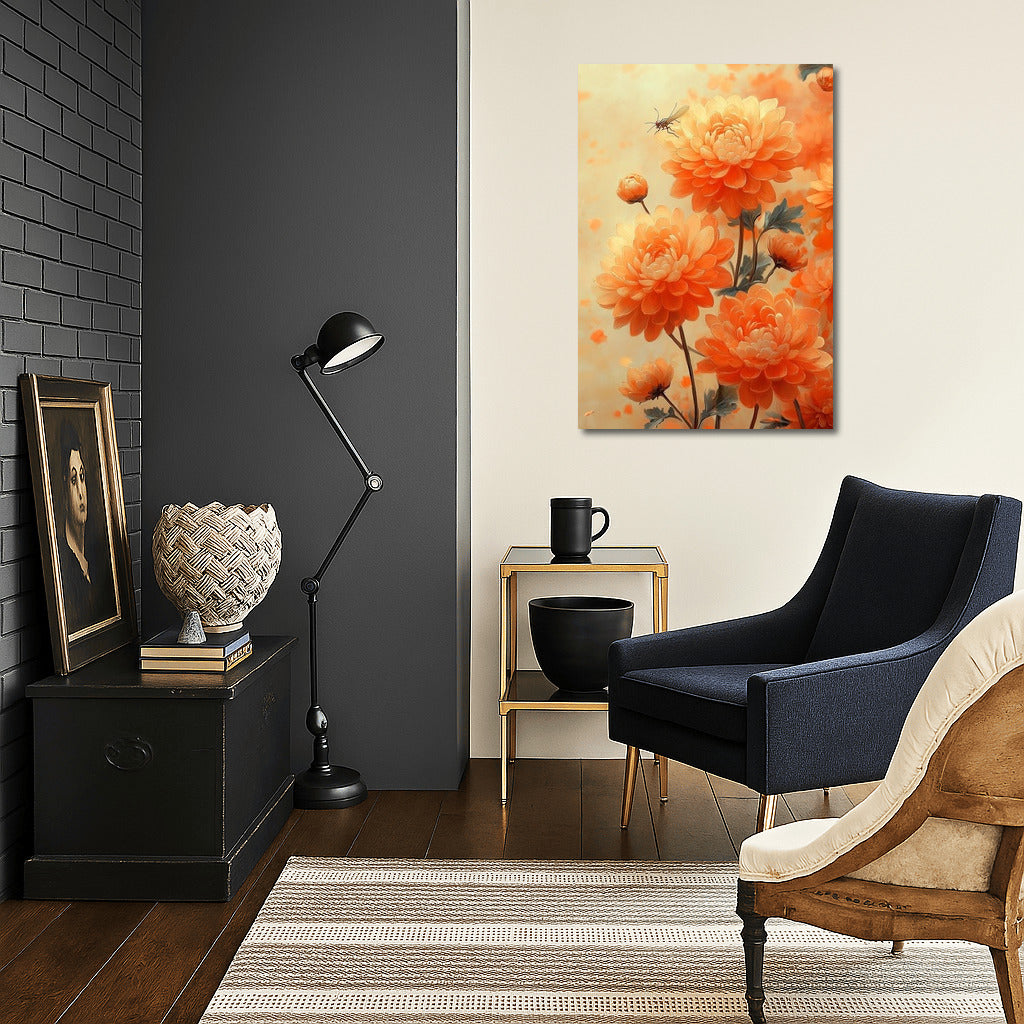 Dance of a dragonfly among orange petals