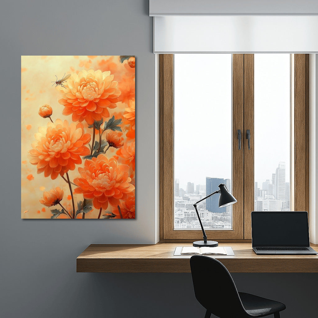 Dance of a dragonfly among orange petals