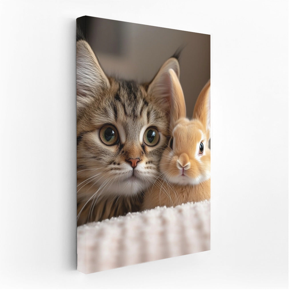Soft Symphony: Kitten and Rabbit in the Embrace of Comfort