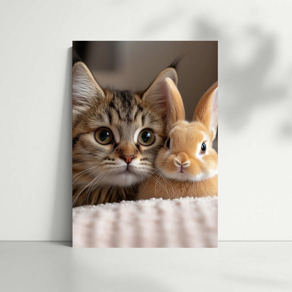 Soft Symphony: Kitten and Rabbit in the Embrace of Comfort