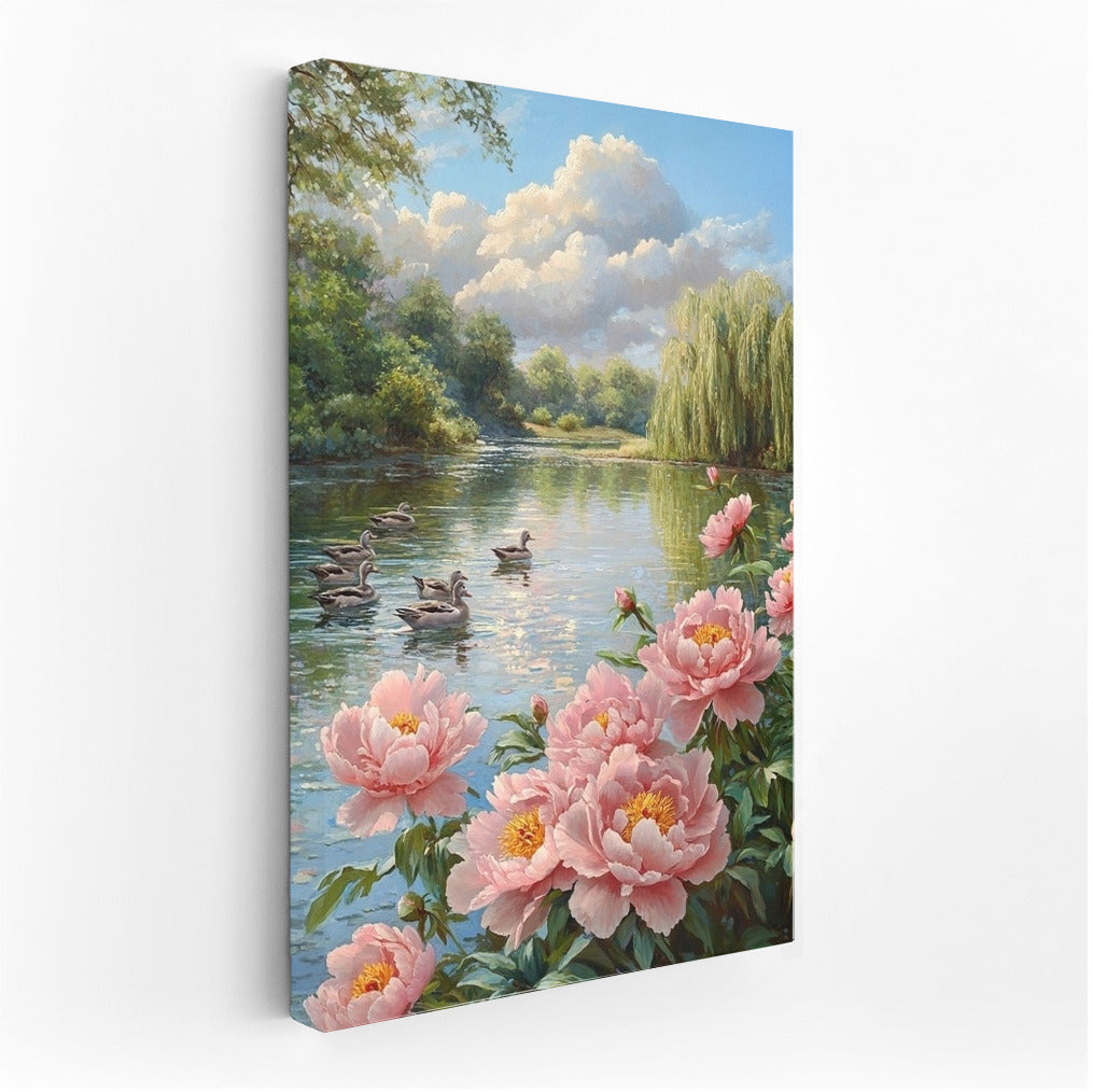 Morning Ballet of Peonies and Ducks