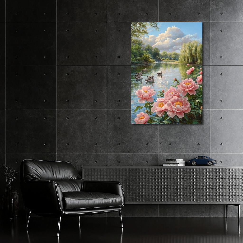 Morning Ballet of Peonies and Ducks