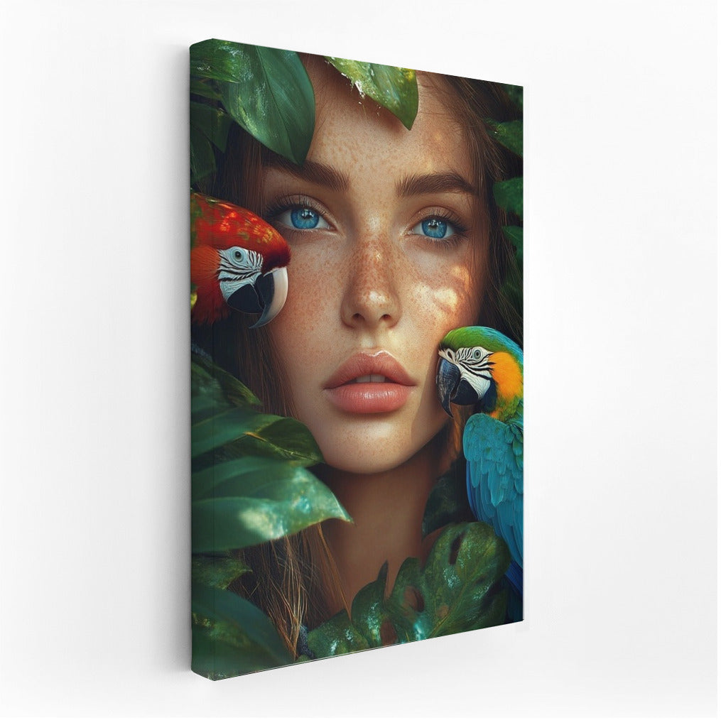 Tropical Harmony: Girl and Feathered Friends