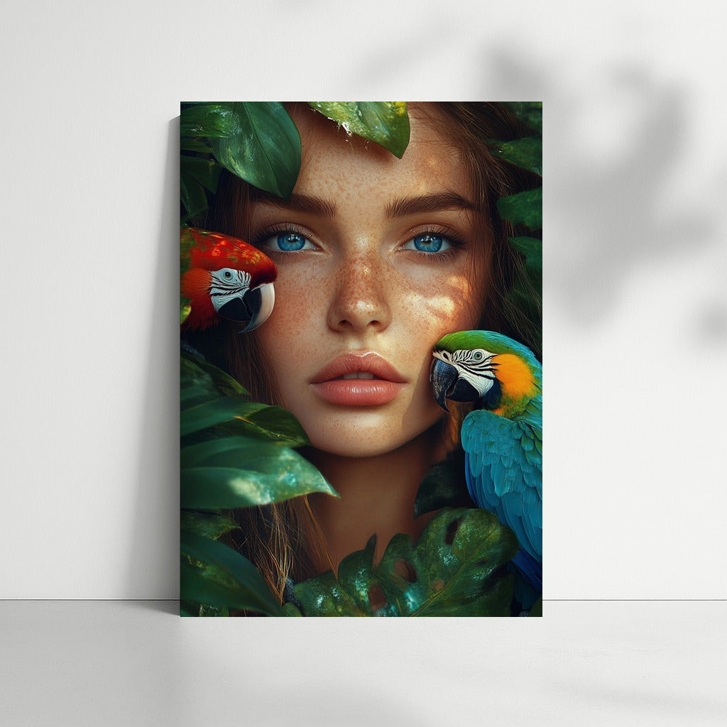 Tropical Harmony: Girl and Feathered Friends