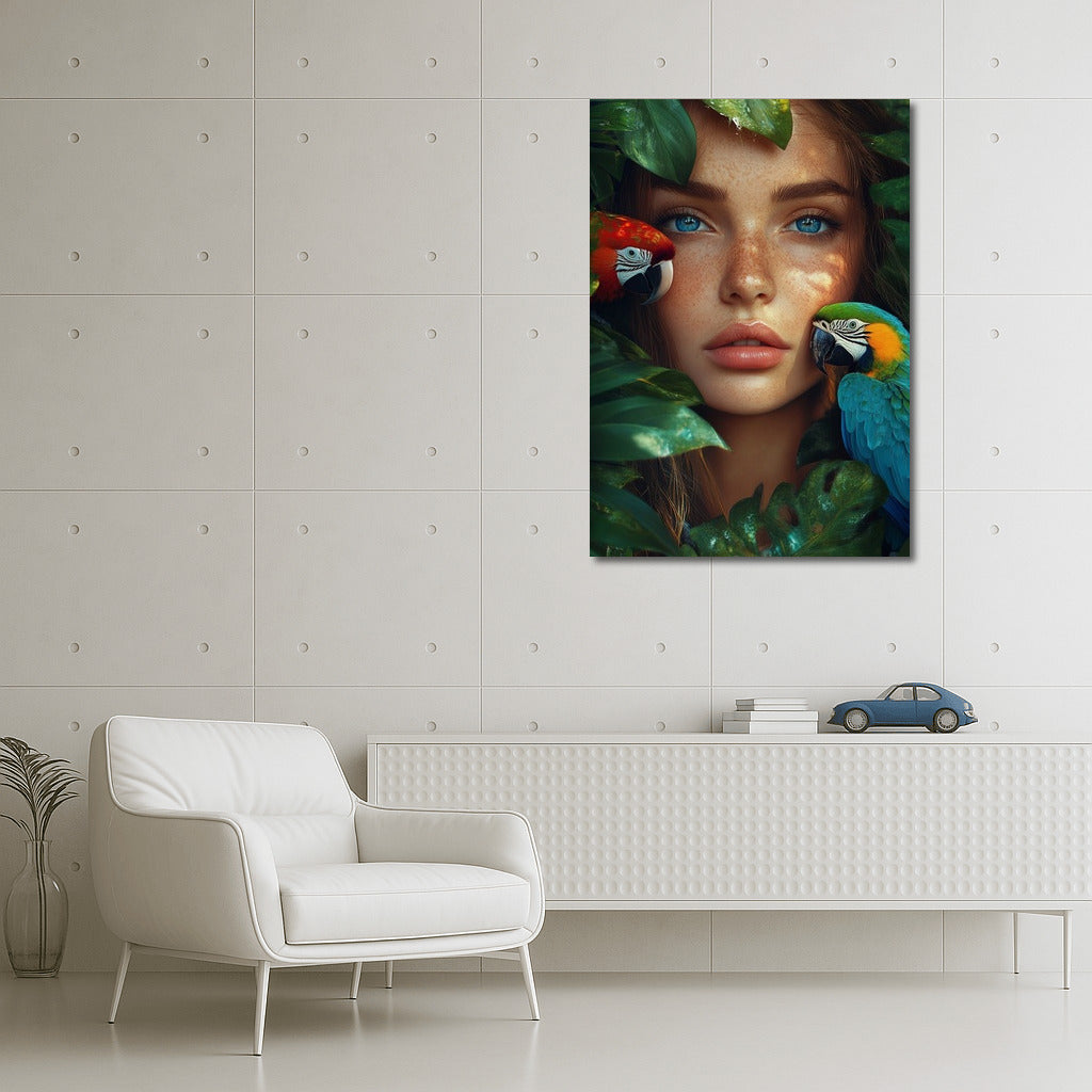 Tropical Harmony: Girl and Feathered Friends