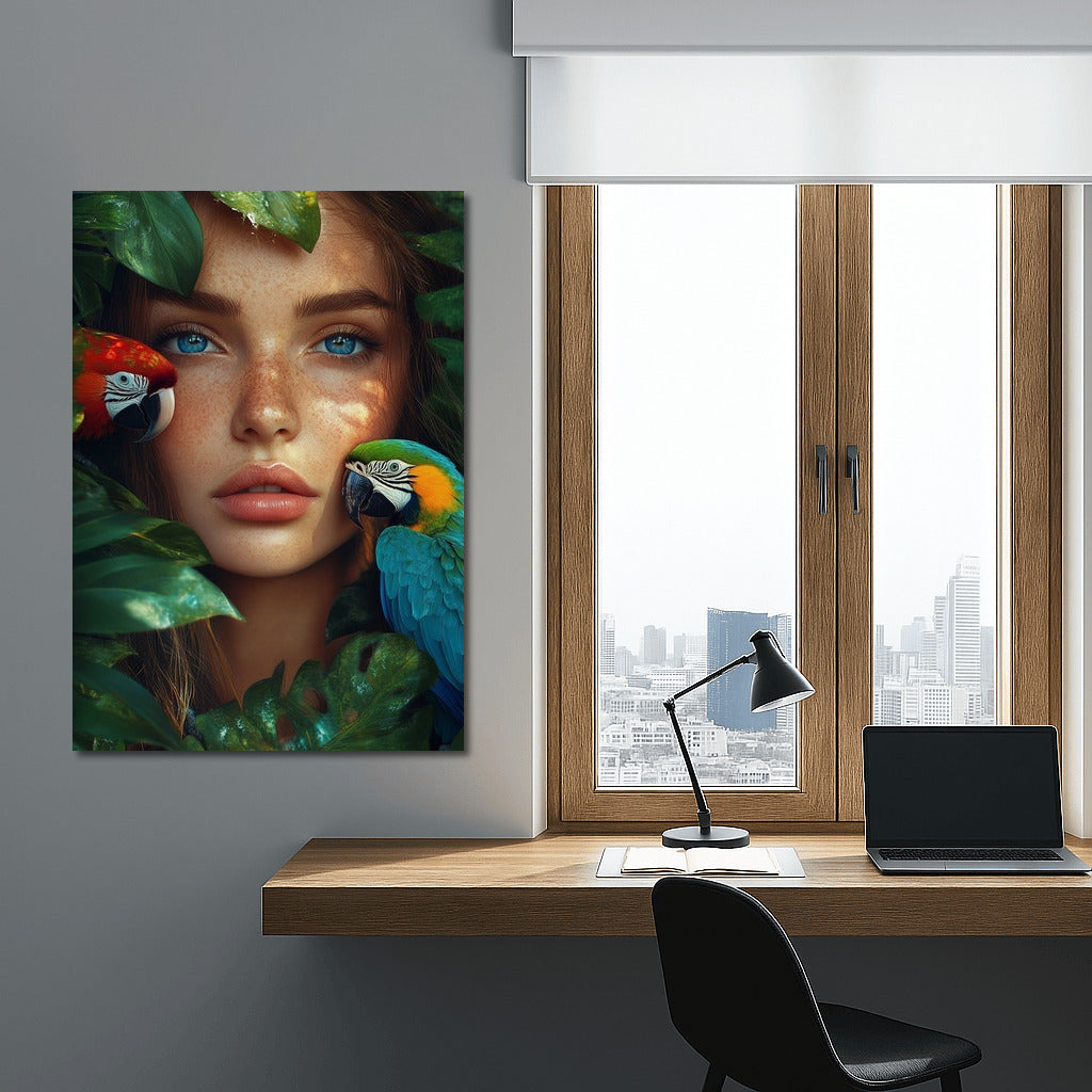 Tropical Harmony: Girl and Feathered Friends