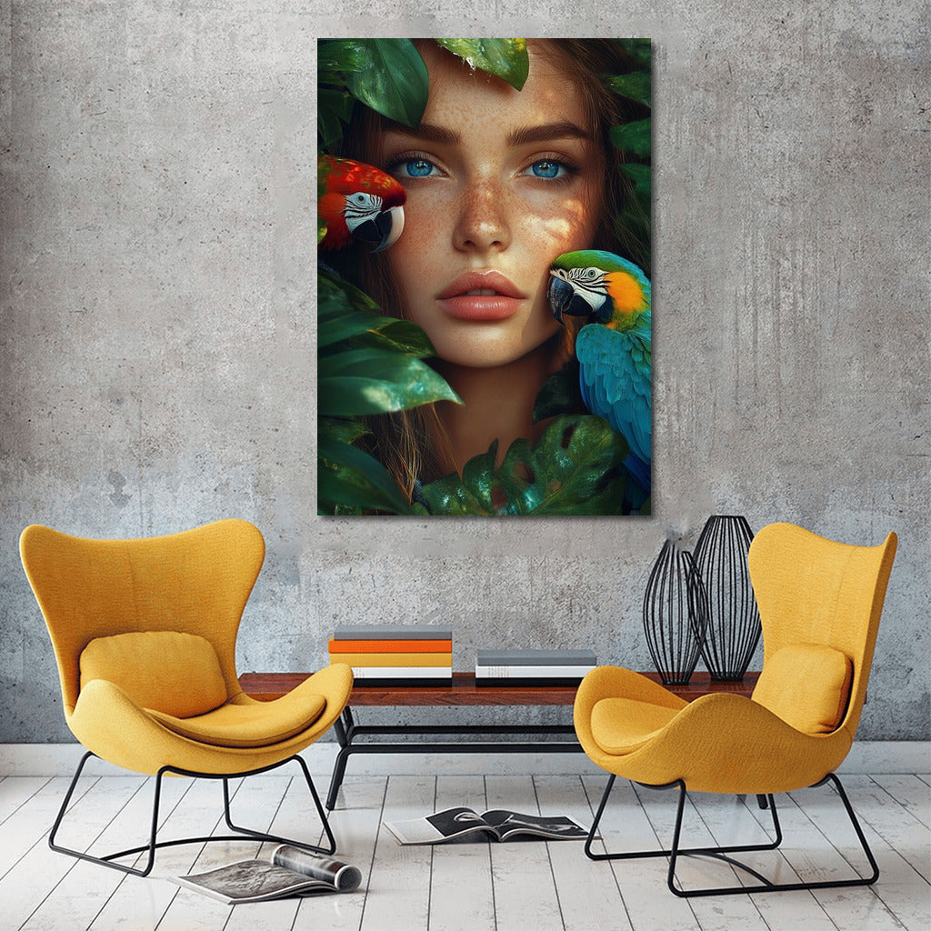 Tropical Harmony: Girl and Feathered Friends