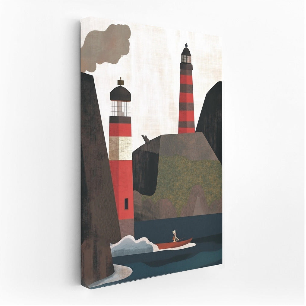 Guardians of Adventure: Red Lighthouses and Boat at the Rocks