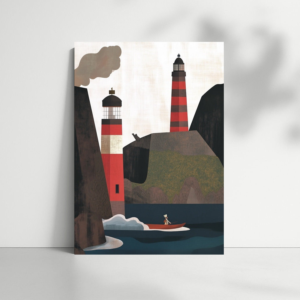 Guardians of Adventure: Red Lighthouses and Boat at the Rocks