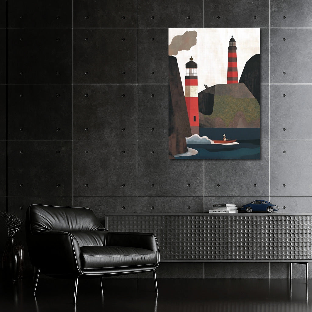 Guardians of Adventure: Red Lighthouses and Boat at the Rocks