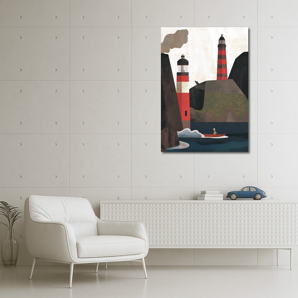 Guardians of Adventure: Red Lighthouses and Boat at the Rocks
