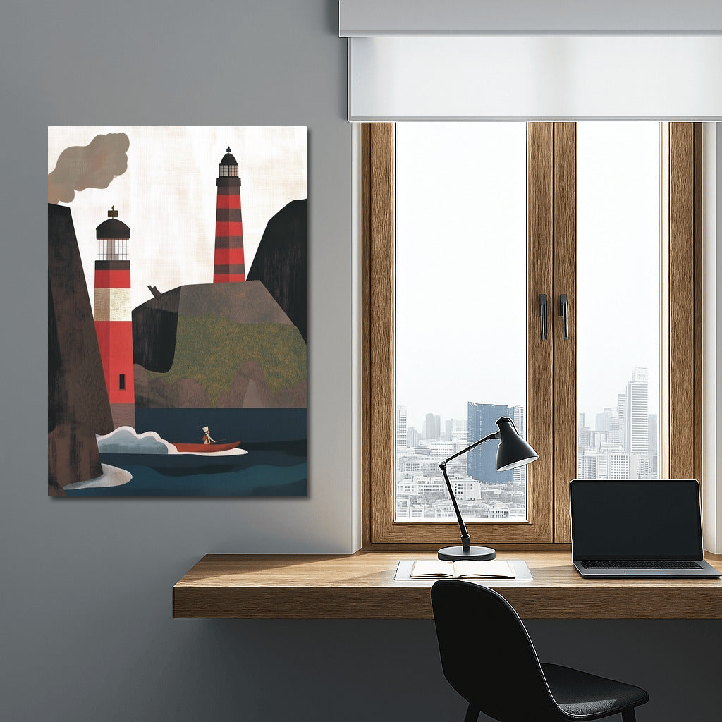 Guardians of Adventure: Red Lighthouses and Boat at the Rocks