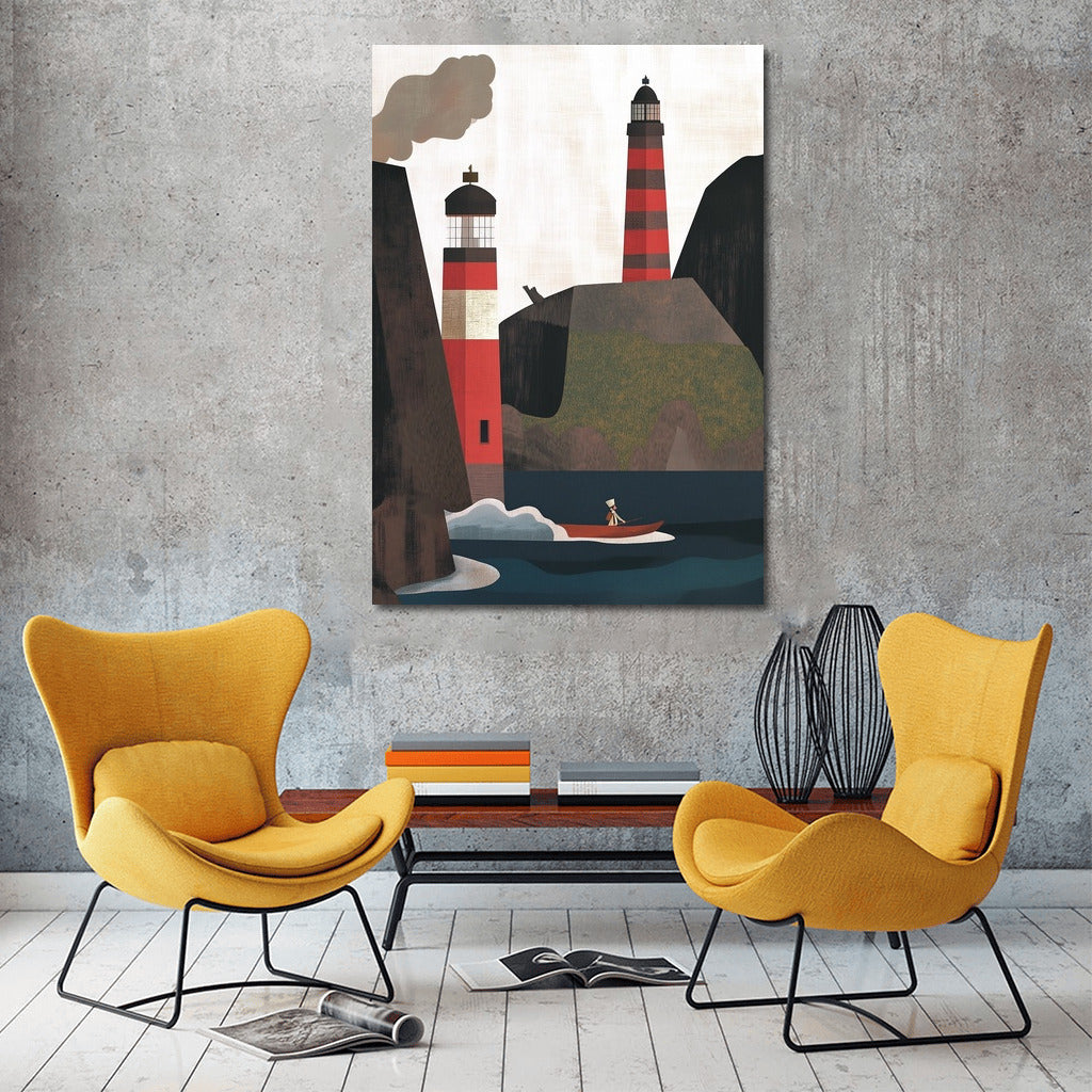Guardians of Adventure: Red Lighthouses and Boat at the Rocks