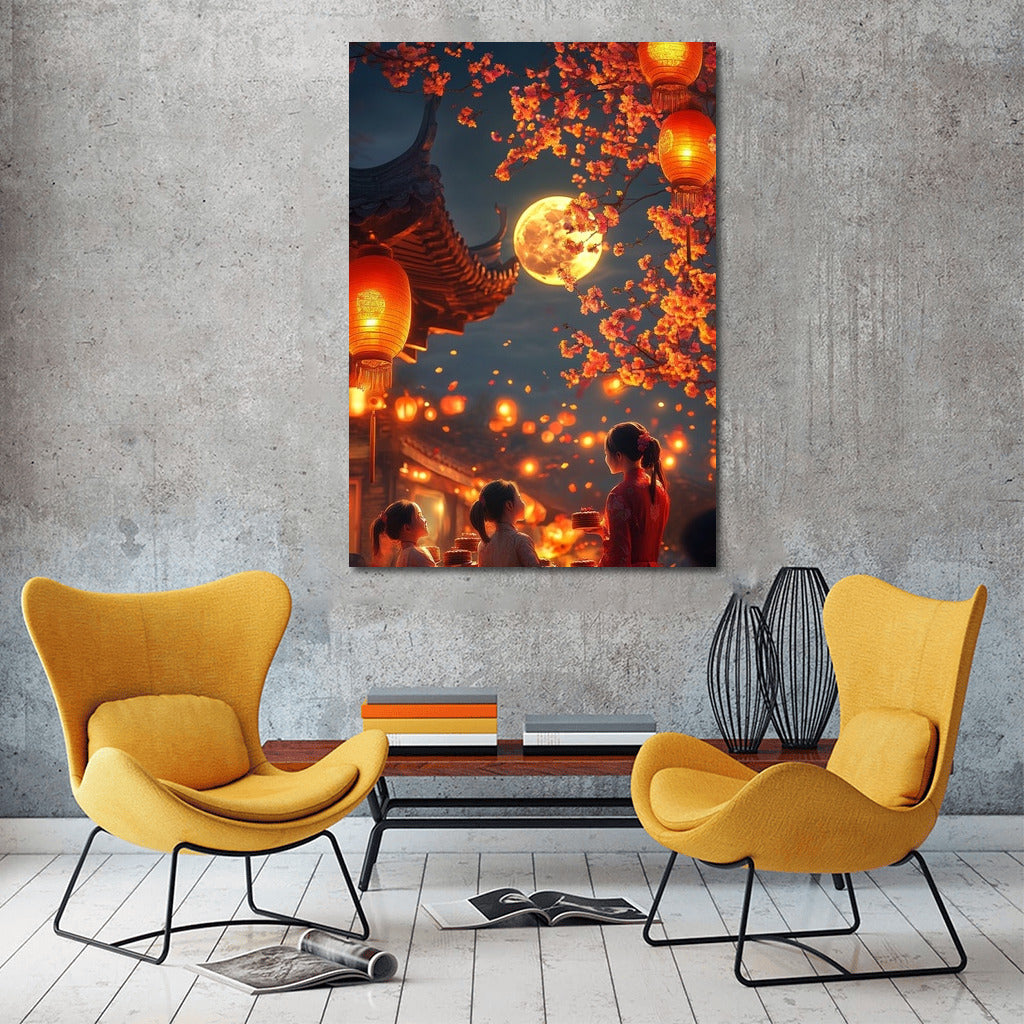Light of lanterns in the moonlit garden