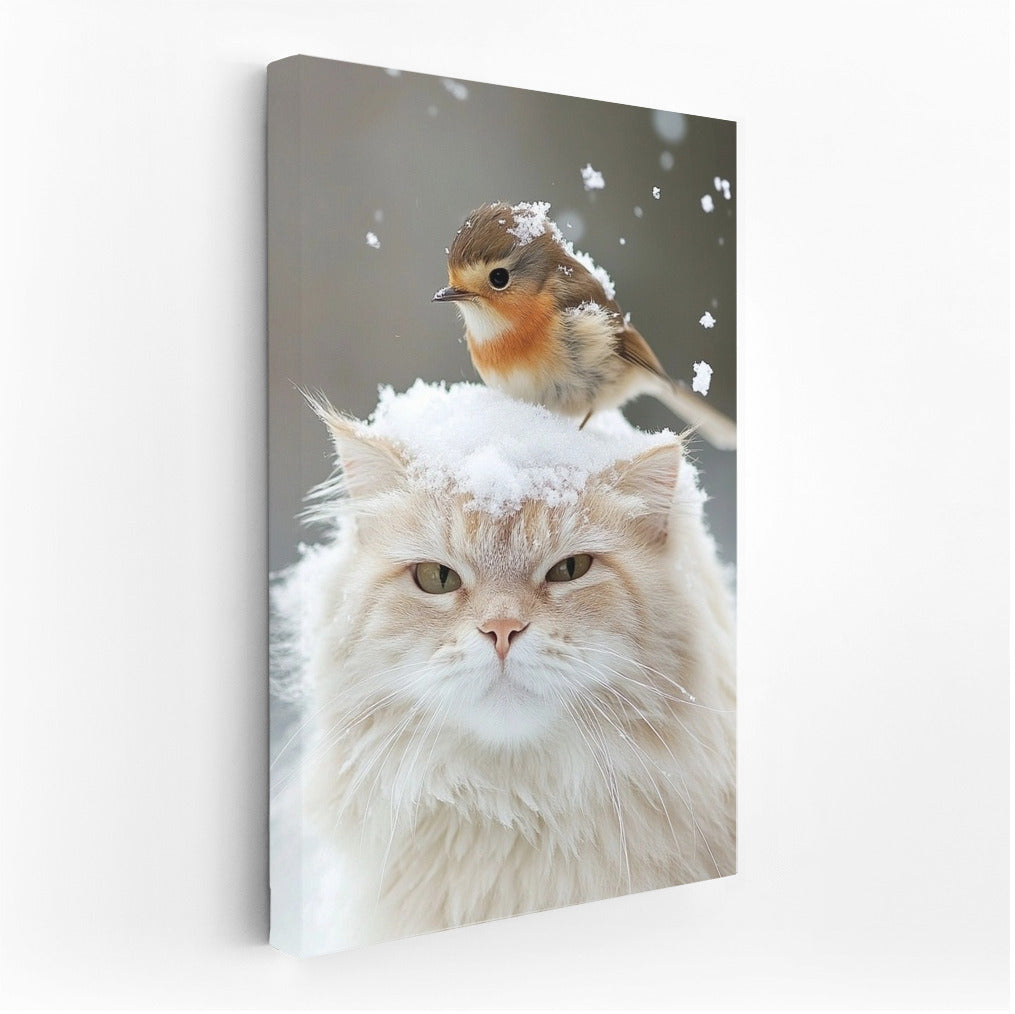 Winter Harmony: Cat and Bird in Snow Dance