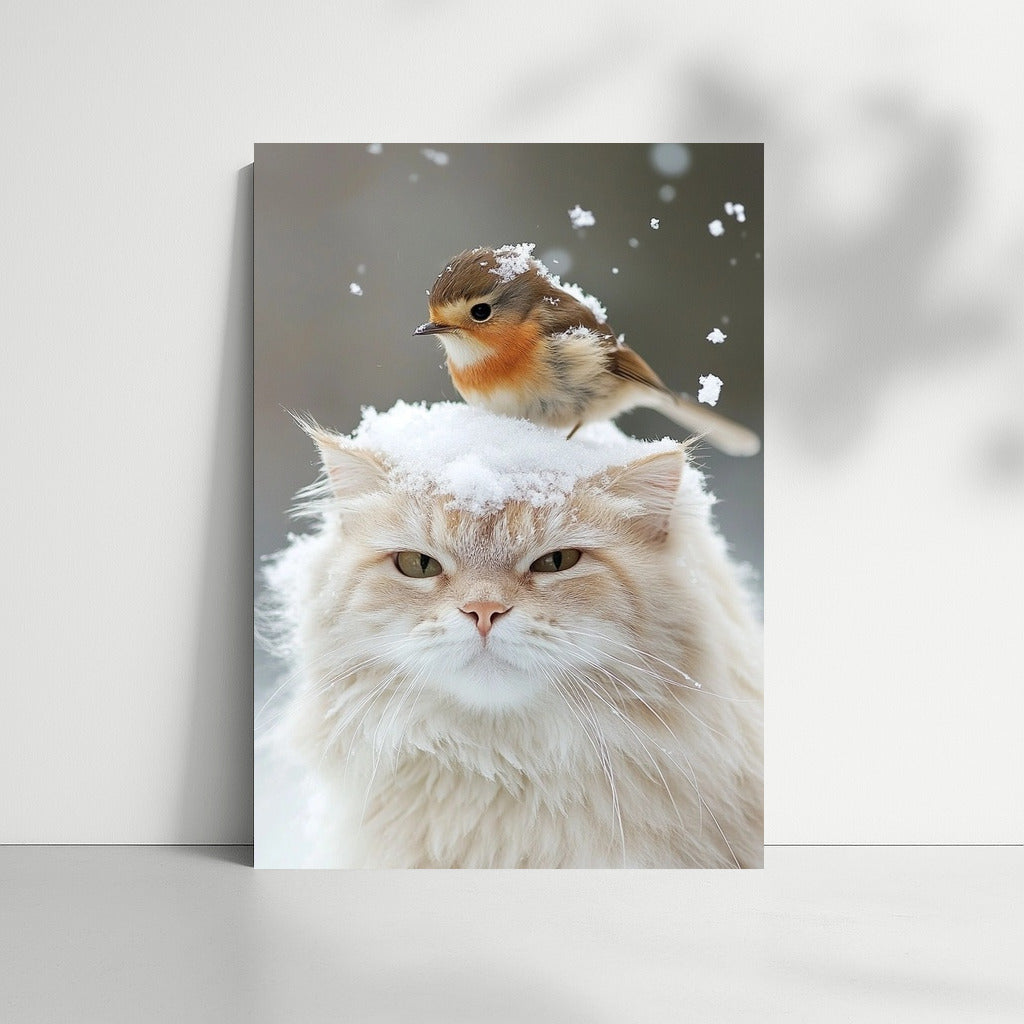 Winter Harmony: Cat and Bird in Snow Dance
