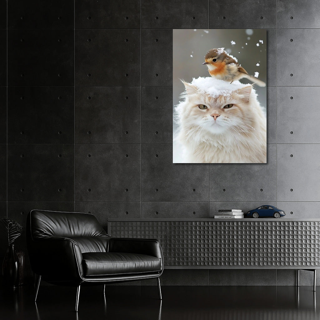 Winter Harmony: Cat and Bird in Snow Dance