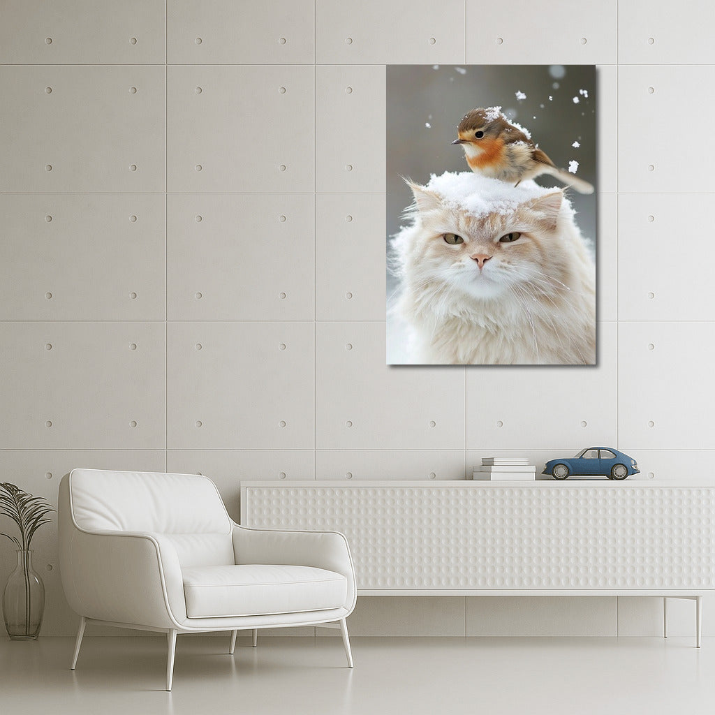 Winter Harmony: Cat and Bird in Snow Dance