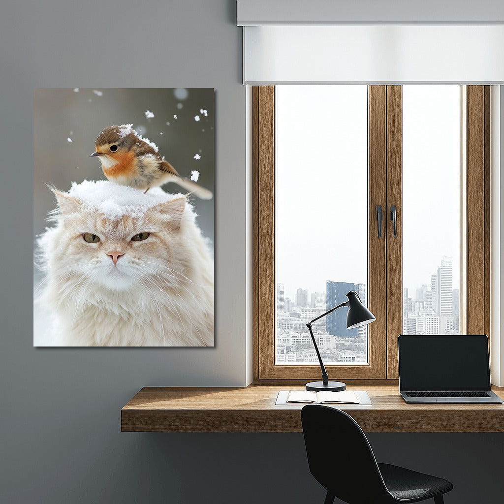 Winter Harmony: Cat and Bird in Snow Dance