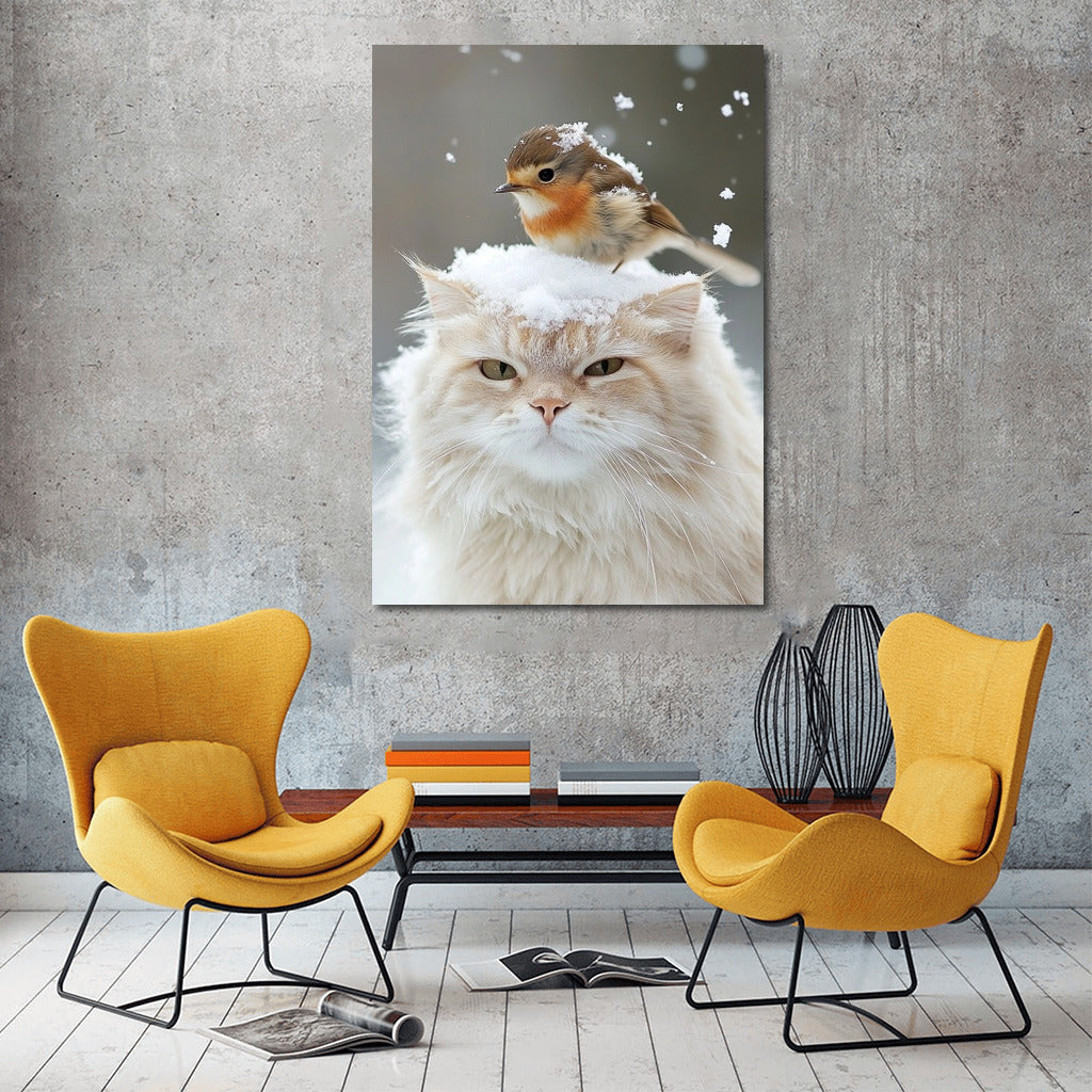 Winter Harmony: Cat and Bird in Snow Dance