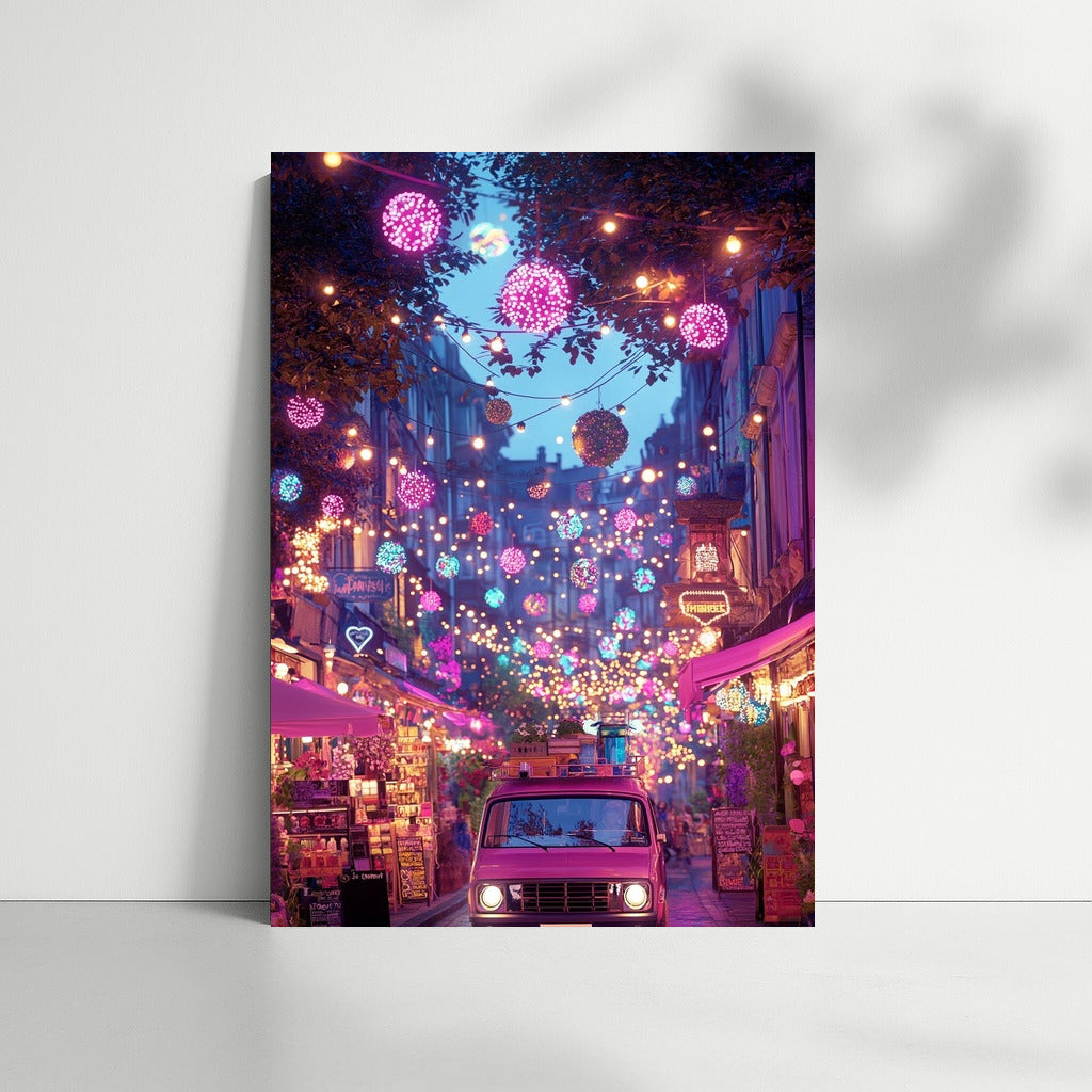 Retro Van in the Lights of the Night City
