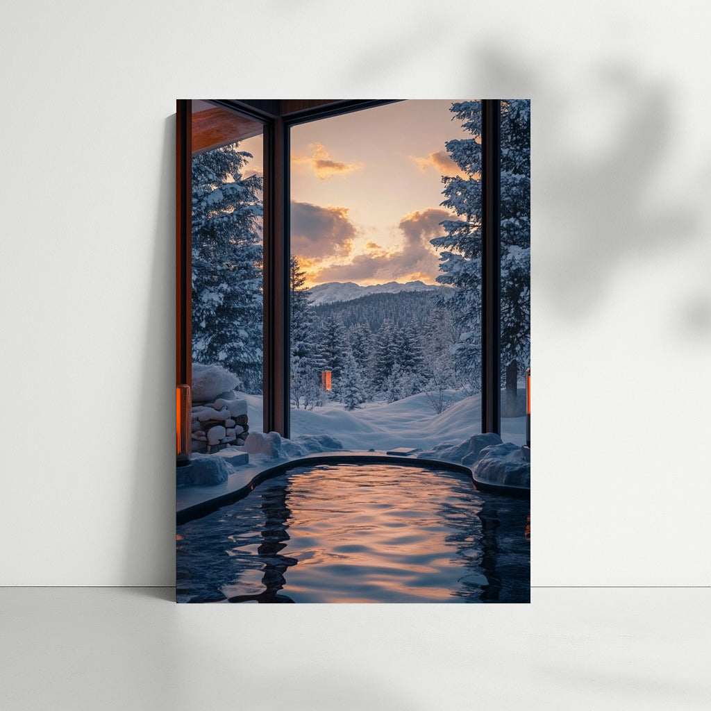 Warmth of winter twilight: view from the pool to the mountains and forest