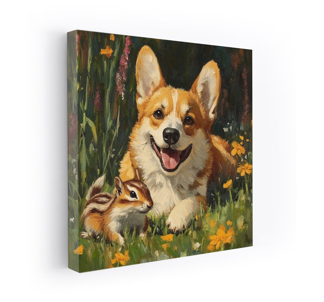 Blooming Duet: Corgi and Chipmunk in the Garden of Joy