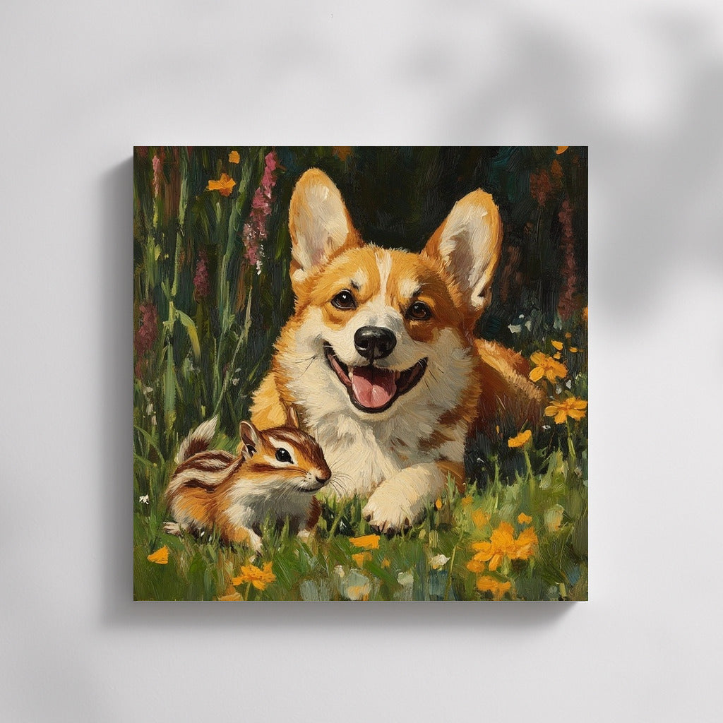 Blooming Duet: Corgi and Chipmunk in the Garden of Joy