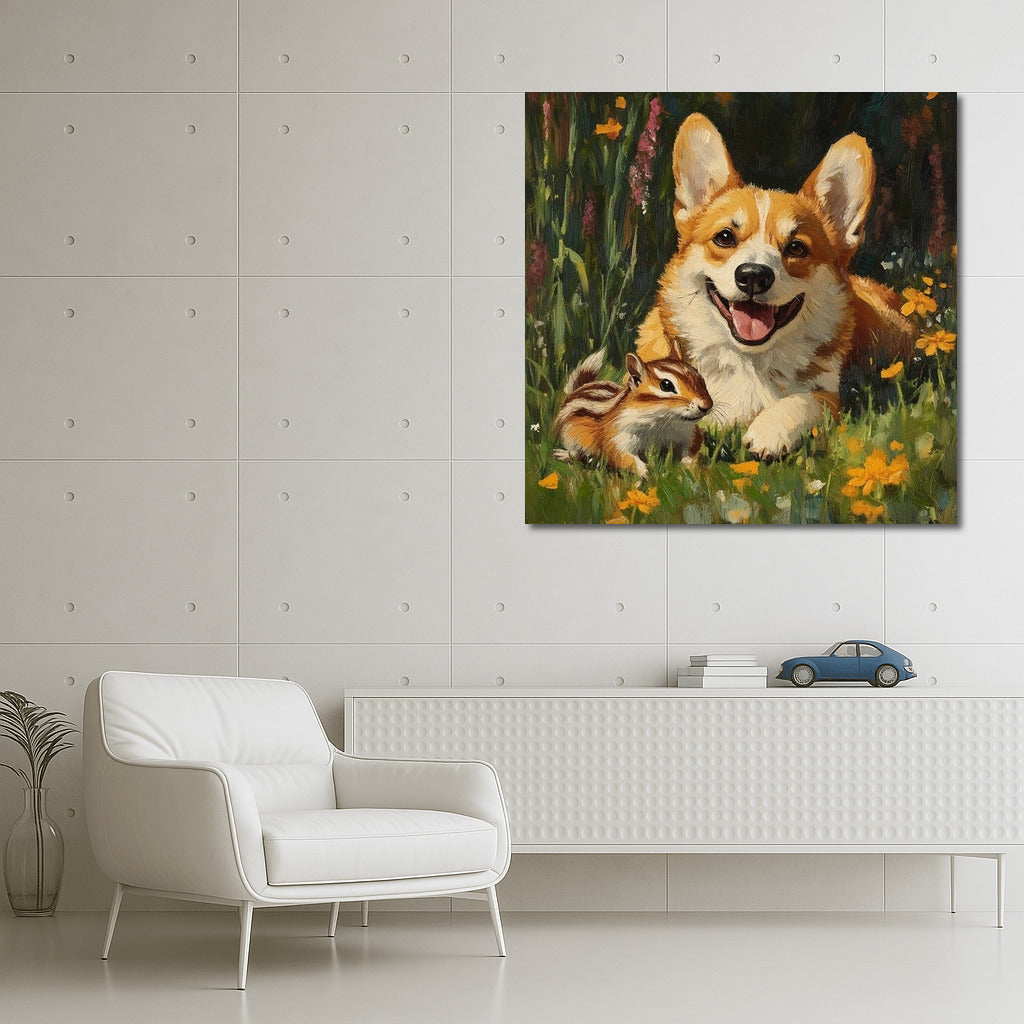 Blooming Duet: Corgi and Chipmunk in the Garden of Joy