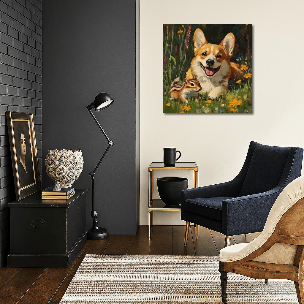 Blooming Duet: Corgi and Chipmunk in the Garden of Joy