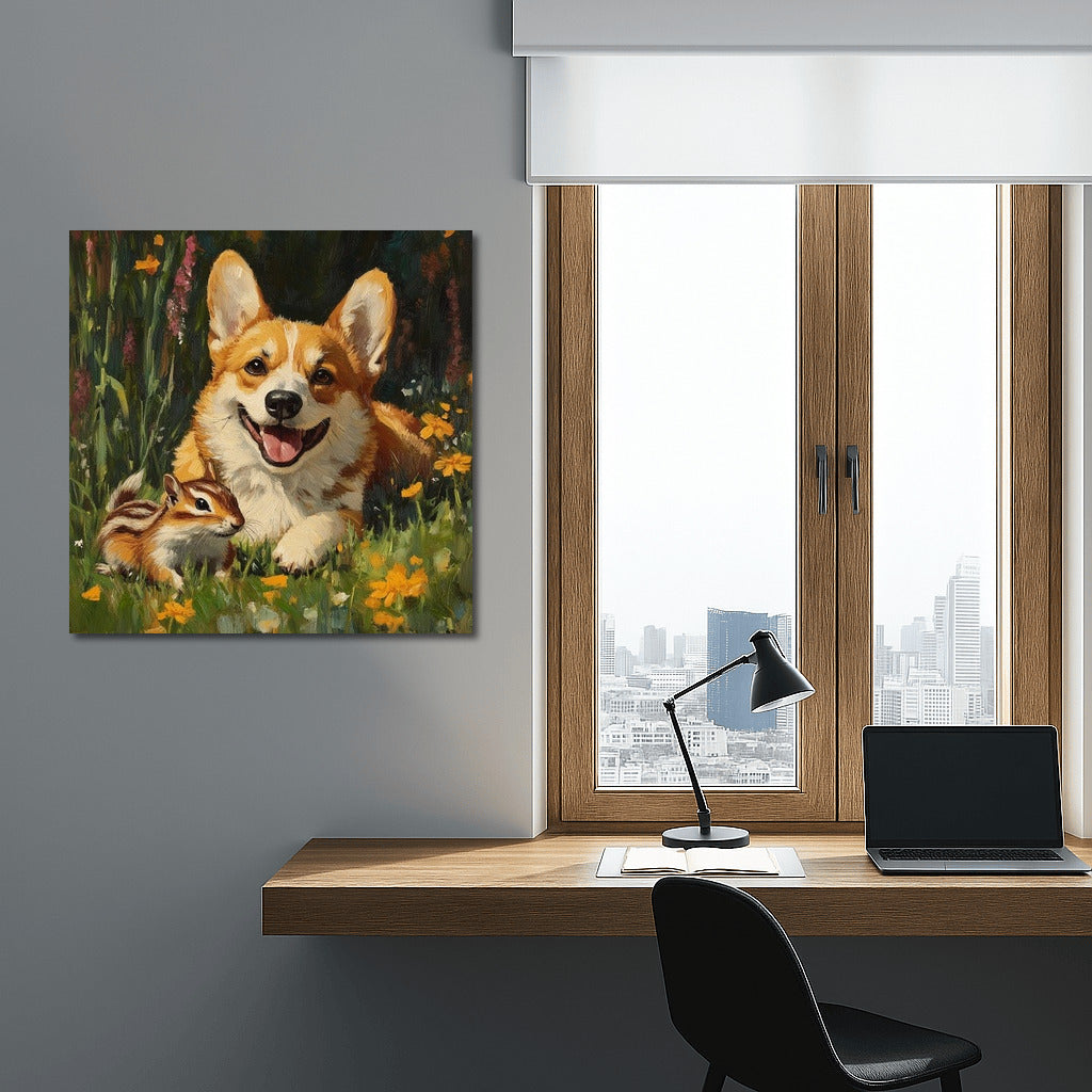 Blooming Duet: Corgi and Chipmunk in the Garden of Joy